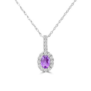 14kt white gold diamond and genuine amethyst and diamond halo oval pendant D tw 0.25cts A tw 0.44cts