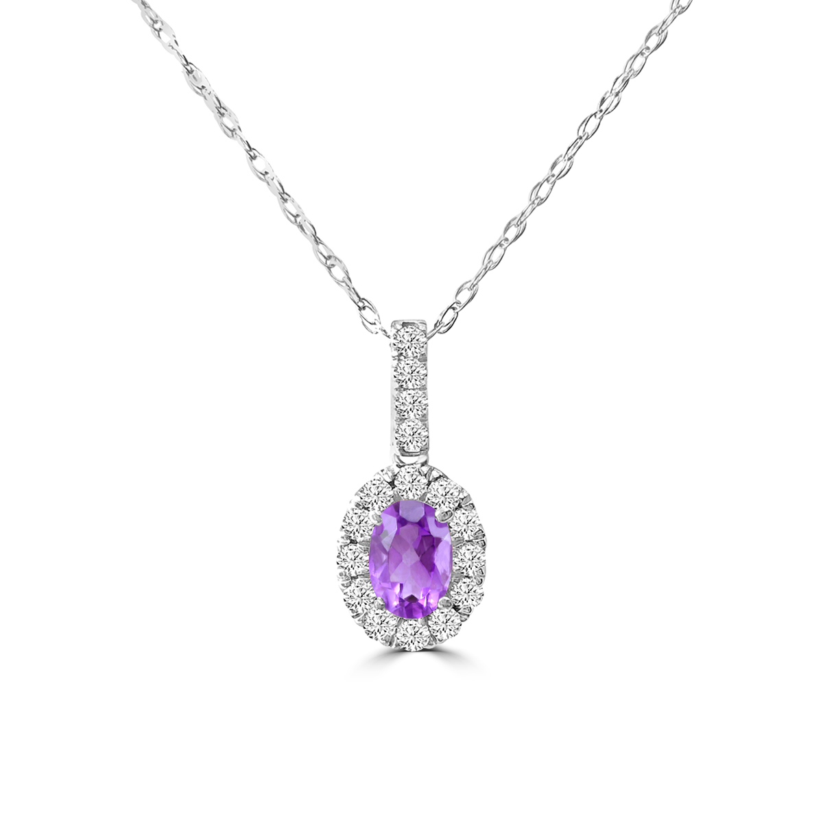 XMPAMS .jpg 14kt white gold diamond and genuine amethyst and diamond halo oval pendant D tw 0.25cts A tw 0.44cts