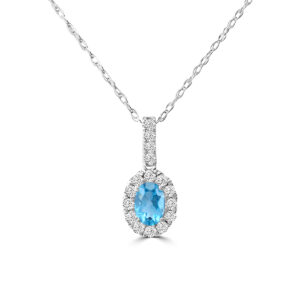 14kt white gold diamond and genuine blue topaz oval halo pendant D tw 0.25cts T tw 0.58cts