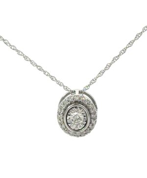 14kt white gold diamond illusion oval halo pendant D tw 0.16" SI clarity, near colorless H color 18" chain