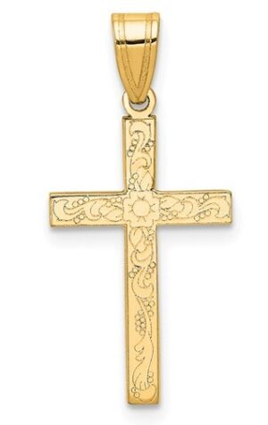 14kt yellow gold floral etched cross charm