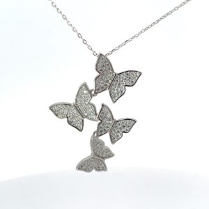 Sterling Silver cubic zirconia multi butterfly moveable pendant on adjustable chain