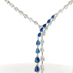 Sterling Silver clear and blue pear shape cubic zirconia fancy Y necklace