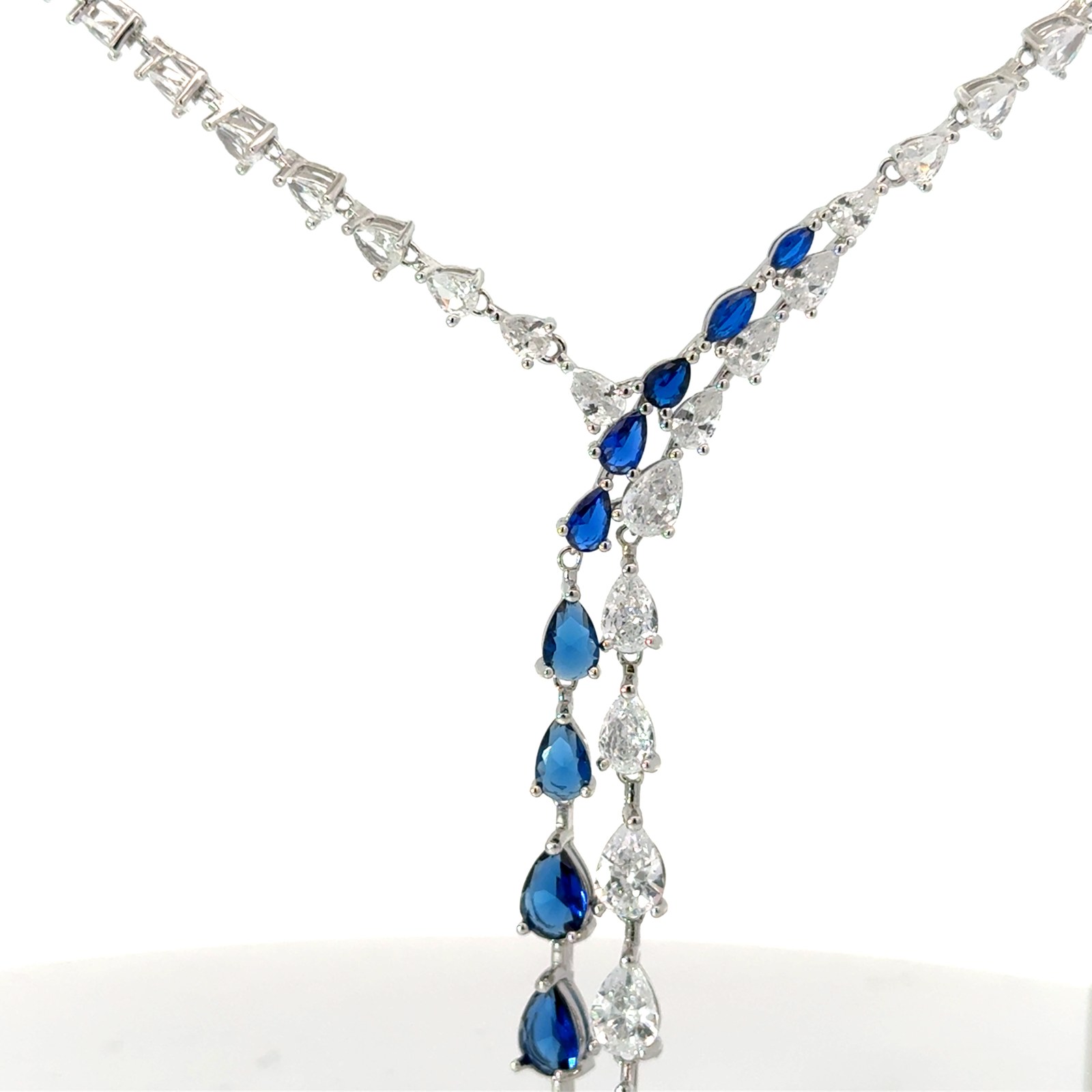 YN .jpg Sterling Silver clear and blue pear shape cubic zirconia fancy Y necklace