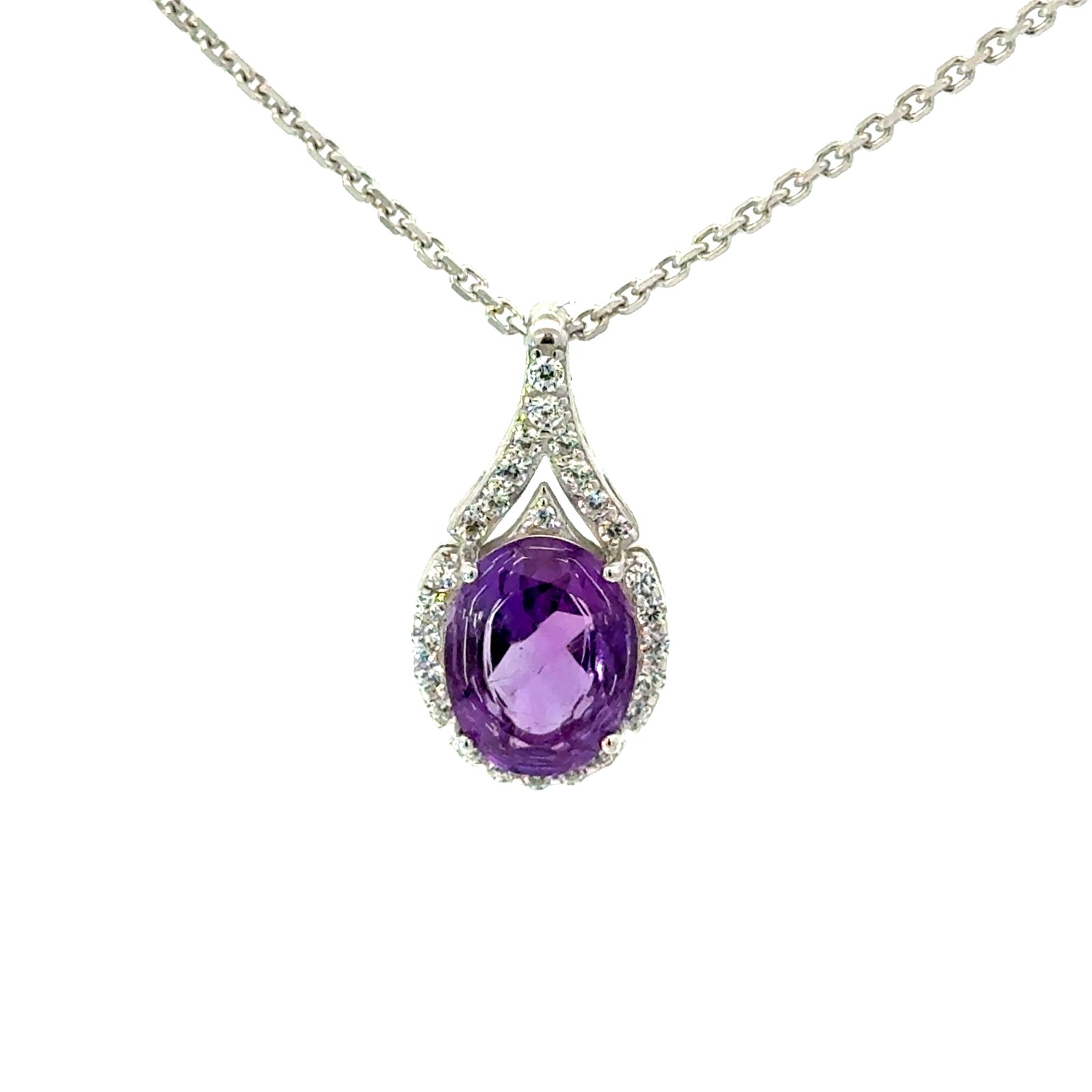 Sterling Silver rhodium plated natural amethyst and cubic zirconia oval fashion halo pendant on 1.4mm diamond cut cable chain 18"