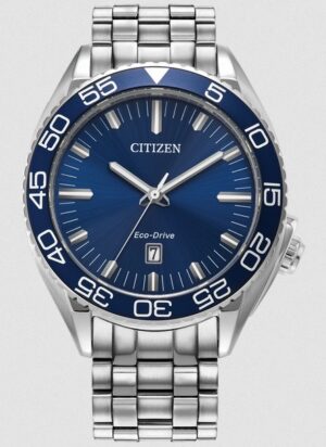 Mans Citizen EcoDrive blue dial with date bracelet style watch WR 100