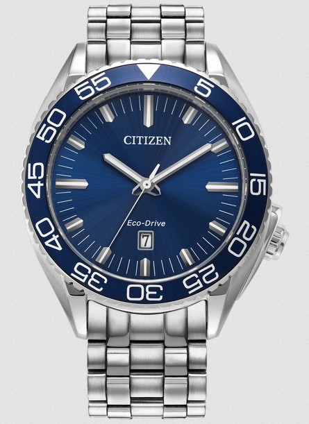 aw L .jpg Mans Citizen EcoDrive blue dial with date bracelet style watch WR 100