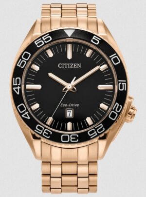 Mans Citizen EcoDrive Stainless Steel rose gold plated with black dail and date bracelet watch WR 100M
