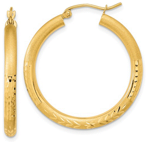 brushdia 14KT Y/G BRUSHED AND DIAMOND CUT LARGE HOOP EARRING