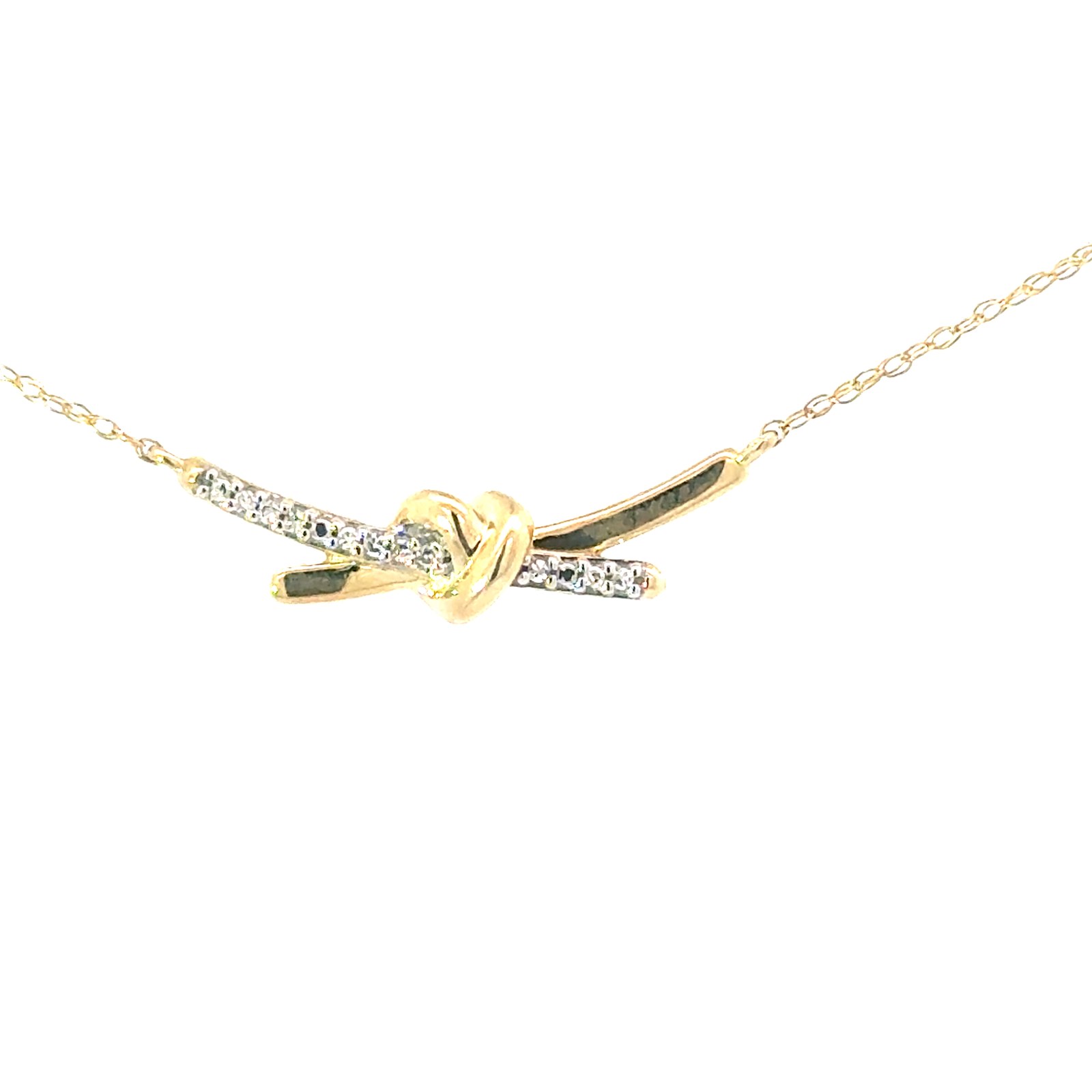 dnk .jpg 10kt yellow gold diamond love knot necklace D tw 0.03cts SI clarity, near colorless I