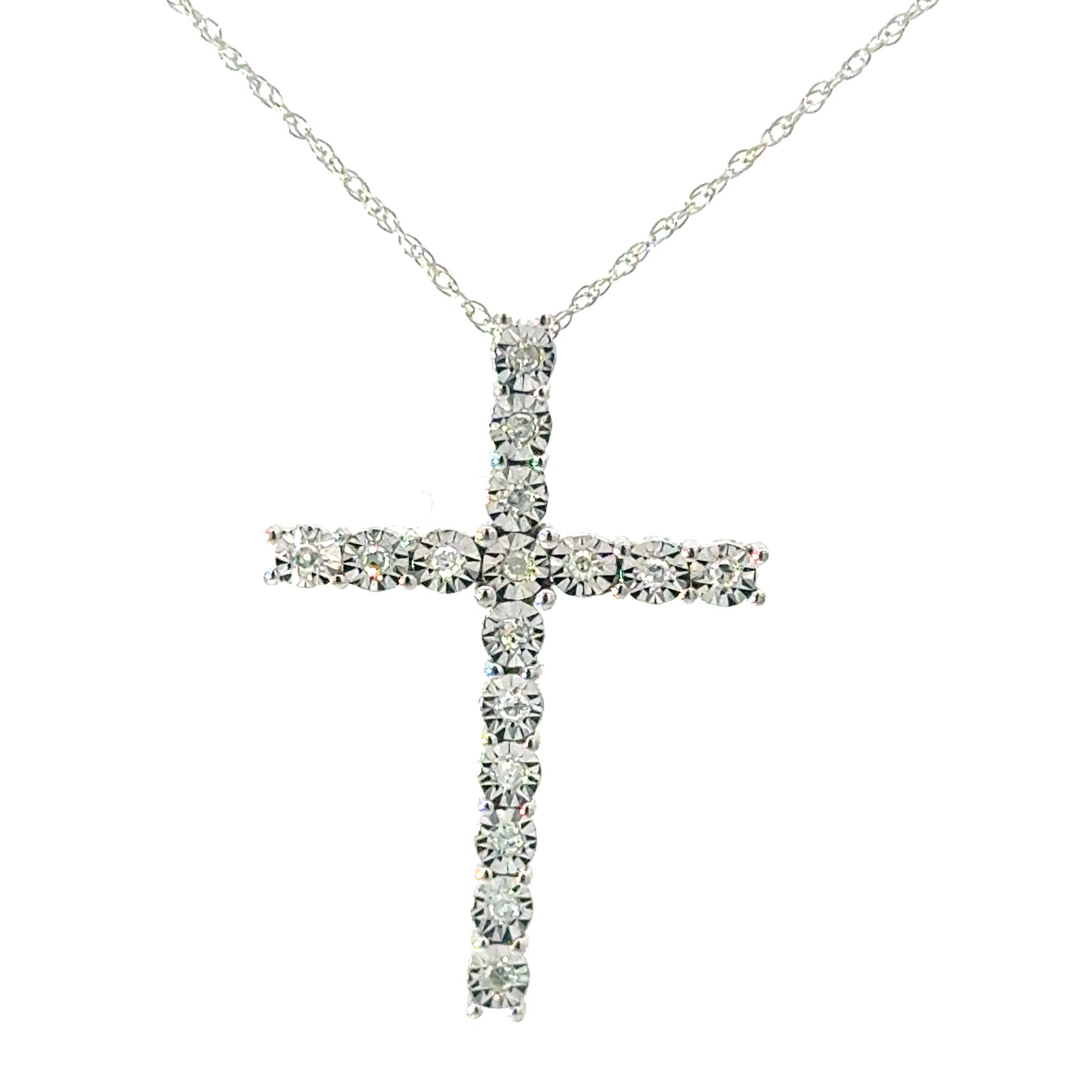 dpd .jpg 10kt white gold diamond illusion cross on machine made rope 18" tw 0.10cts SI2, near colorless H/I color