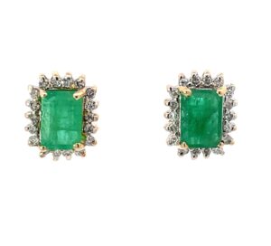 14kt yellow gold diamond and genuine emerald cut halo earring D tw 0.18pts SI, H color approximate emerald weight 2.00cts
