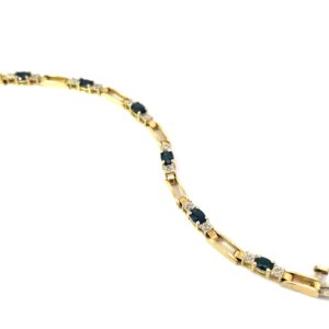 14kt yellow gold sapphire and diamond tennis bracelet D tw 0.10cts with hiddgen locking safetySI, near colorless I
