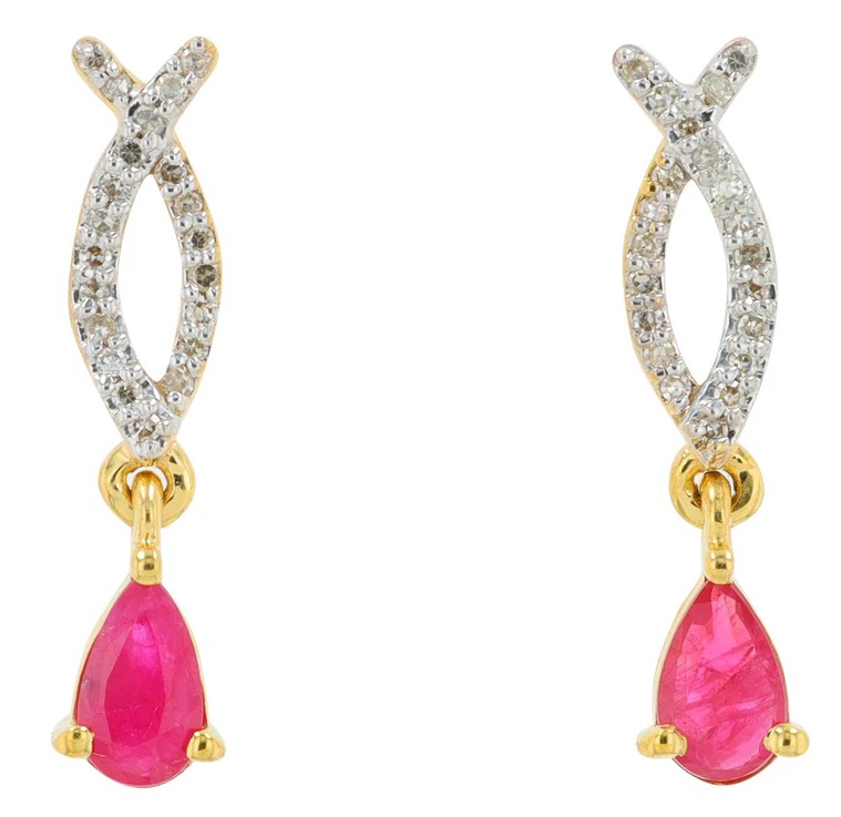 ger .jpg 10kt two tone genuine ruby and diamond drop earring D tw 0.10cts R tw 0.50cts SI clarity, near colorless J color
