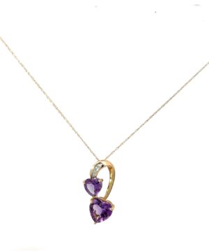 14kt yellow gold diamond and genuine heart double amethyst pendant D tw 0.04cts SI clarity, I color A tw 3.23cts on 18" machine made chain