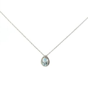 14kt whit gold genuine aquamarine and diamond pear shape halo pendant D tw 0.07cts SI, near colorless I color on 18"