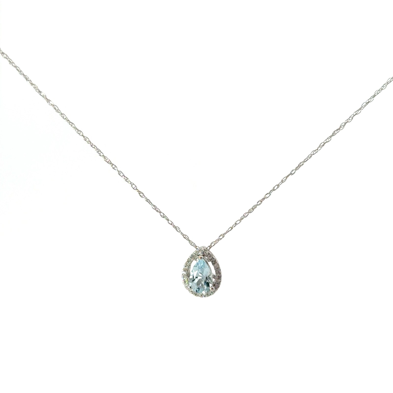 gpd .jpg 14kt whit gold genuine aquamarine and diamond pear shape halo pendant D tw 0.07cts SI, near colorless I color on 18"