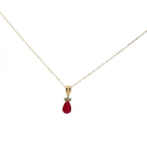 10kt yellow gold genuine ruby pear shap and diamond pendant D tw 0.02cts I1,near colorless J color on machine made 18" chain