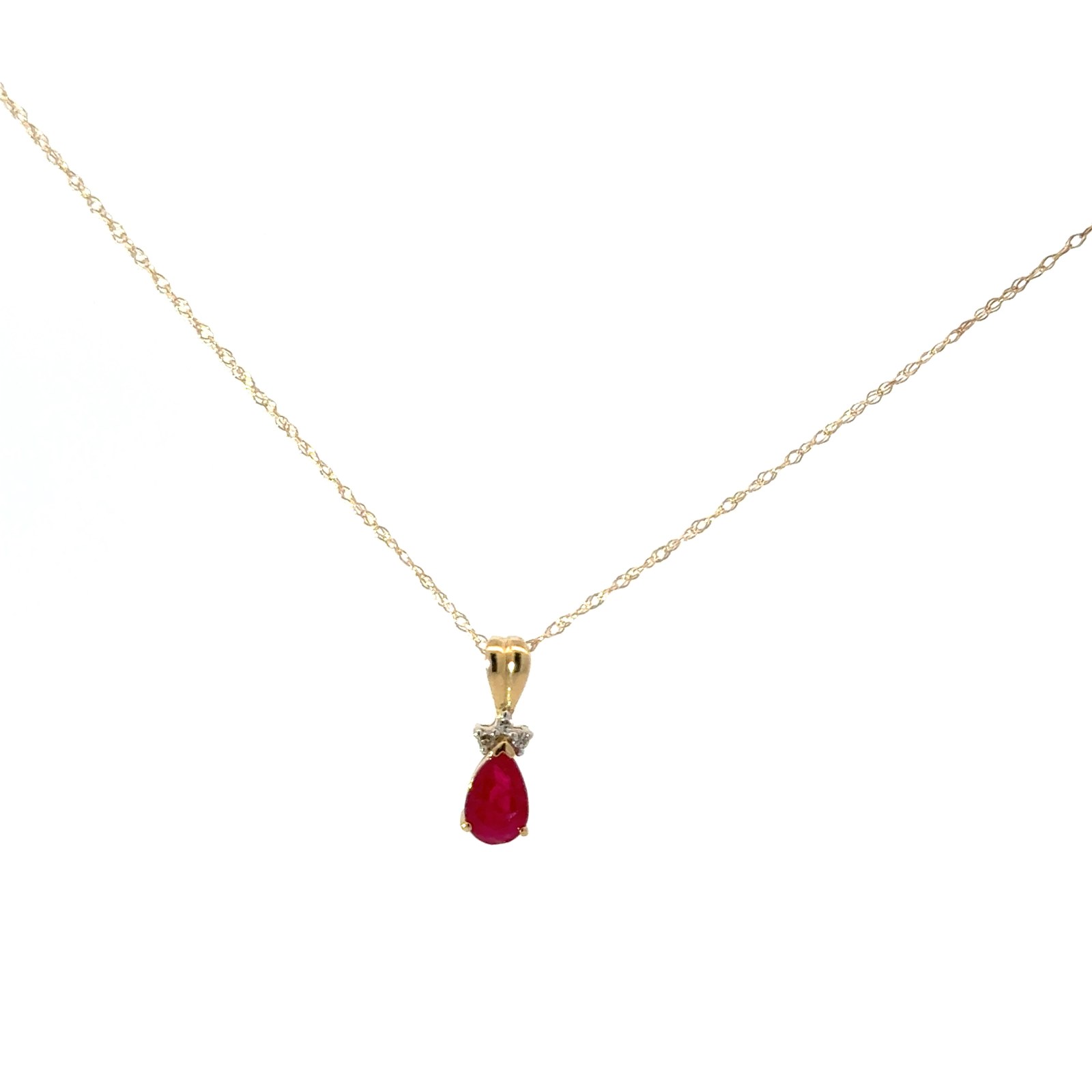 gpd .jpg 10kt yellow gold genuine ruby pear shap and diamond pendant D tw 0.02cts I1,near colorless J color on machine made 18" chain