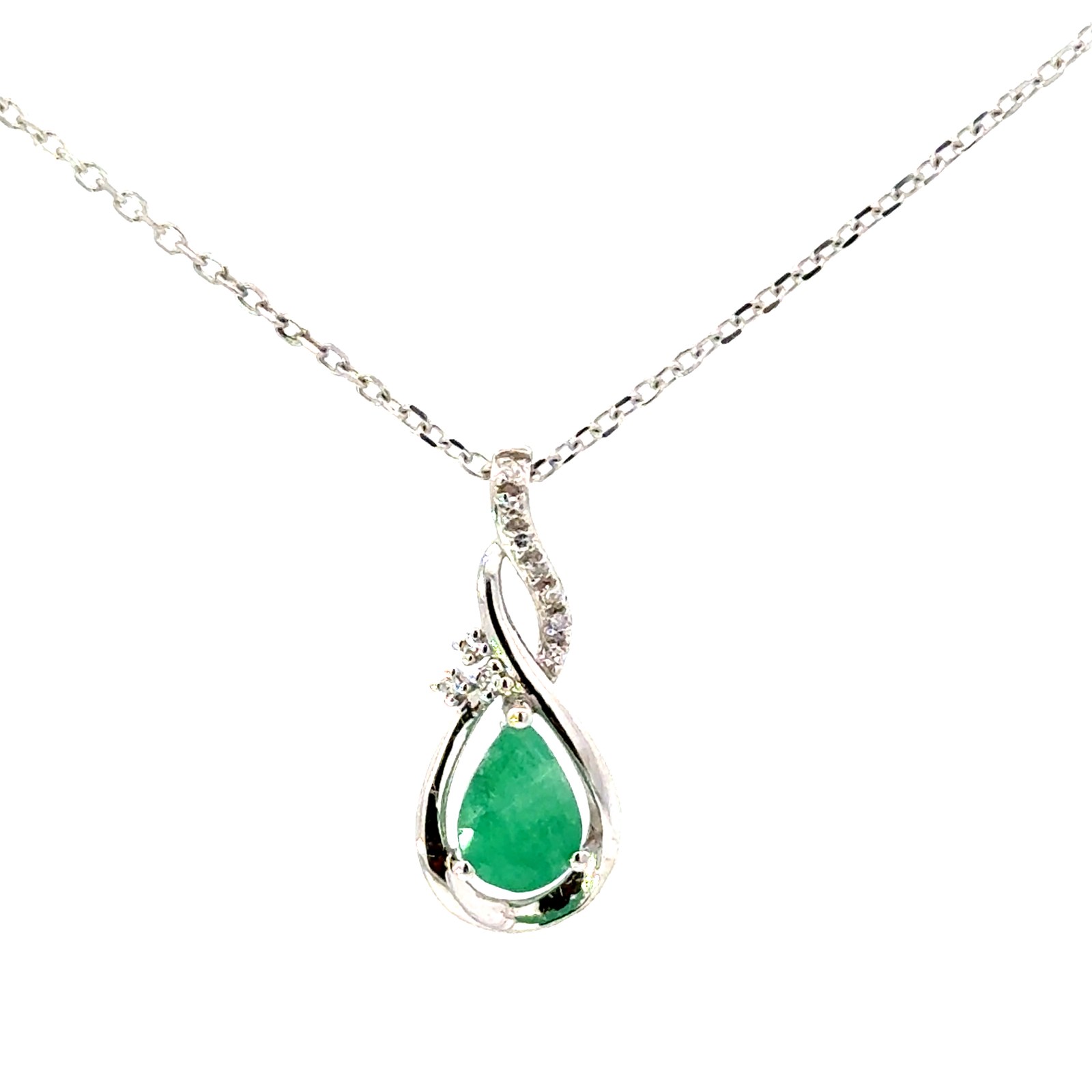 10kt white gold diamond and genuine pear shape emerald pendant D tw 0.05cts on link chain