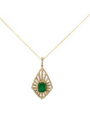 14kt yellow gold emerald cut emerald and diamond pendant D tw 0.71cts SI clarity, near colorless H color E tw 1.42cts on diamond cut cable 18"