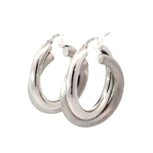 10kt white gold brushed and shiny double hoop earring