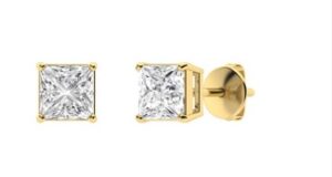 14KT Y/G DIAMONDS STUDS, 2 PRINCESS CUT T/W 0.19CTS SI3 / H