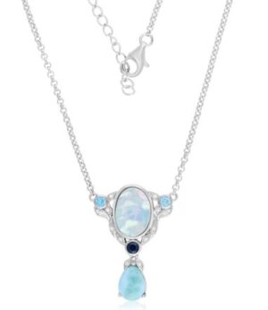 Sterling Silver rhodium plated genuine larimar, freshwater pearl and cz vintage necklace 16+2" extender