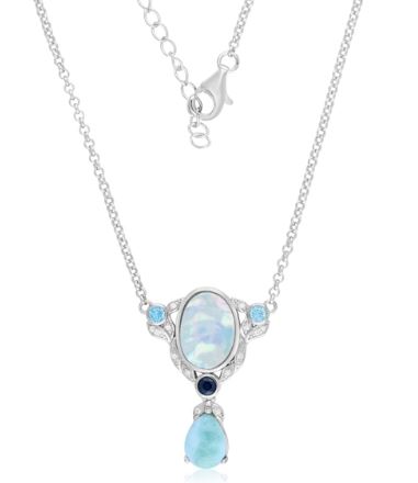 Sterling Silver rhodium plated genuine larimar, freshwater pearl and cz vintage necklace 16+2" extender