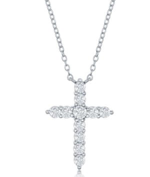 Stering Silver rhodium plated cubic zirconia cross pendant on adjustable chain