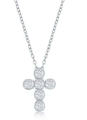 Sterling Silver rhodium plated cubic zirconia cross pendant on adjustable chain 16-8"