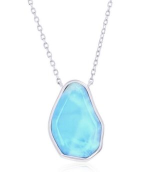 Sterling Silver Rhodium Plated Genuine Pearshaped Larimar Necklace On Adjustable Chain
