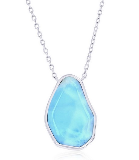 Sterling Silver Rhodium Plated Genuine Pearshaped Larimar Necklace On Adjustable Chain