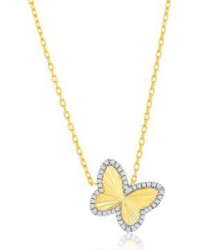 Sterling Silver gold plated cubic zircionia and diamond cut butterfly pendant on adjustable chain