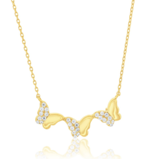 Sterling Silver gold plated double sided cubic zirconia butterfly pendant on adjustable chain