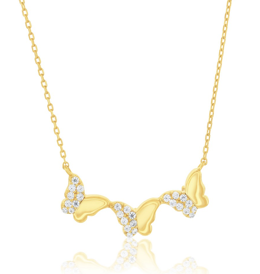 m .png Sterling Silver gold plated double sided cubic zirconia butterfly pendant on adjustable chain