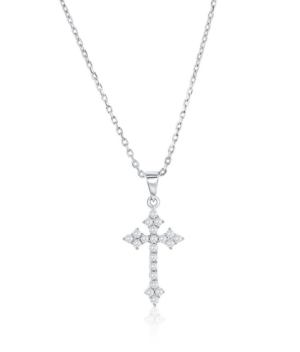 Sterilng Silver rhodium plated cubic zirconia single row cross pendant on adjustable chain 16-18"