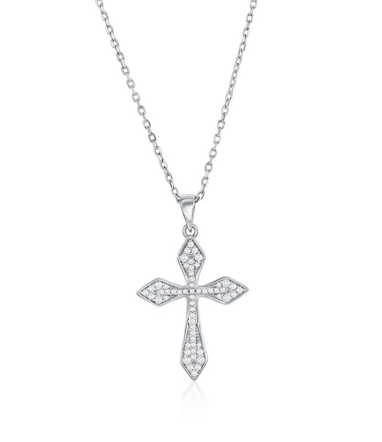 Sterling Silver rhodium plated cubic zirconia cross pendant on adjustable chain