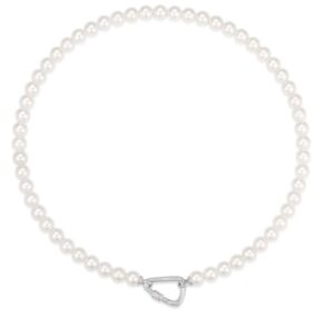 Sterling Silver rhodium plated shell pearl necklace cubic zirconia center catch