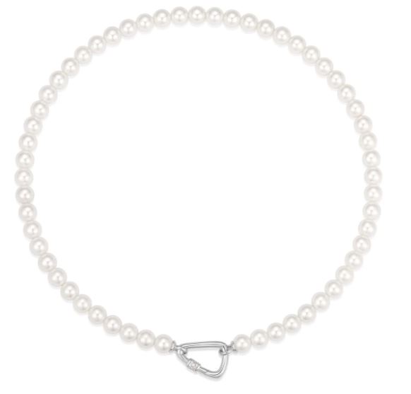 Sterling Silver rhodium plated shell pearl necklace cubic zirconia center catch