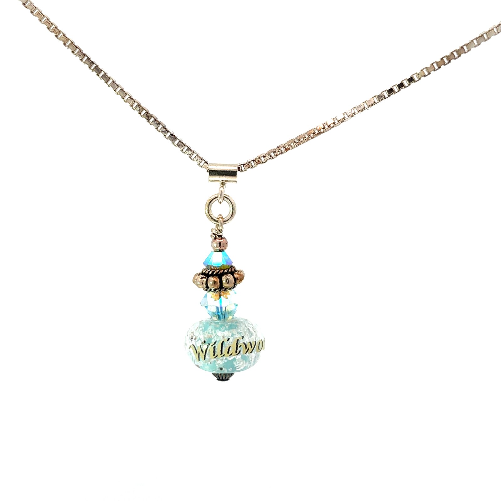 n ss wildwood turquoise authentic wildwood sand encased pendant w/ swarovski crystal on 18" chain w/wildwood decal