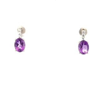 Sterling Silver rhodium plated genuine Amethyst and cubic zirconia stud earring