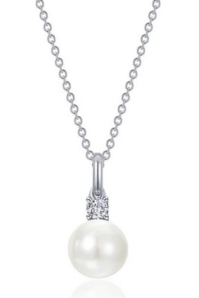 Sterling Silver platinum bonded Lassire Simulate diamond and cultured pearl drop necklace 20" long