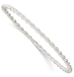 Sterling Silver rhodium plated polished and textured twisted 3mm solid bangle bracelet