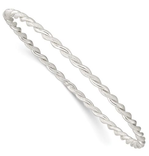 Sterling Silver rhodium plated polished and textured twisted 3mm solid bangle bracelet