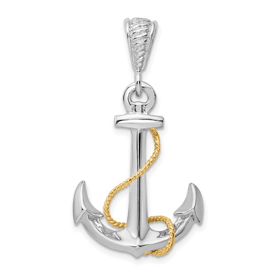 qcg .jpg Sterling silver and 14kt yellow gold 3D anchor pendant on 1.5mm diamond cut cable chain 18"