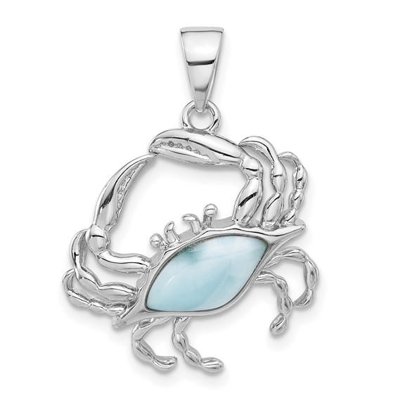Sterling Silver rhodium plated genuine larimar crab pendant on 1.4mm diamond cut cable chain 18"