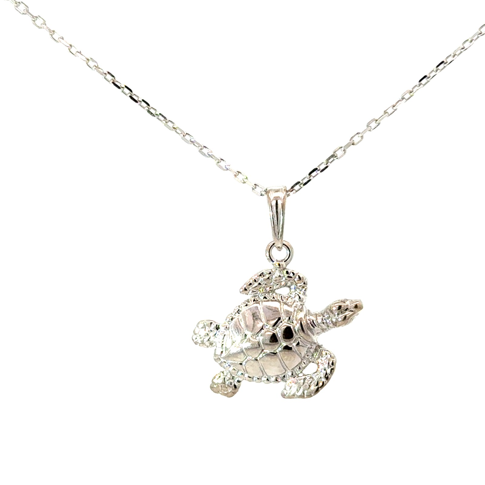 Sterling Silver rhodium plated sea turtle pendant on 1.1mm diamond cut cable chain 18"