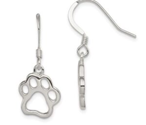 Sterling Silver polished paw print dangle earrings on shepherd hook