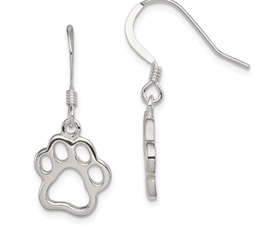 qe .jpg Sterling Silver polished paw print dangle earrings on shepherd hook